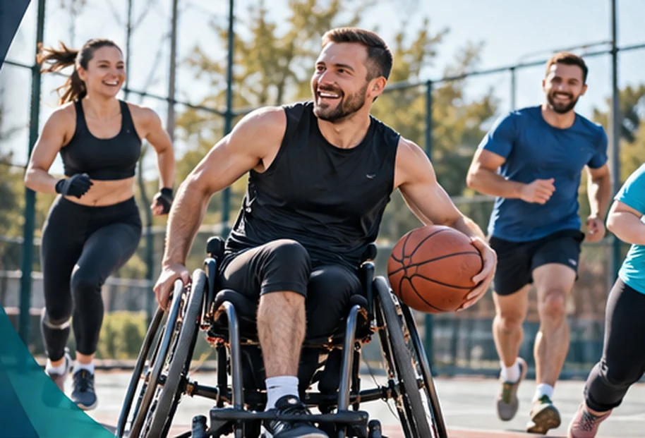 Grupa sportowców podczas wspólnej aktywności, w tym koszykarz na wózku