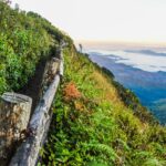 Górska ścieżka z drewnianą balustradą nad zieloną doliną w chmurach